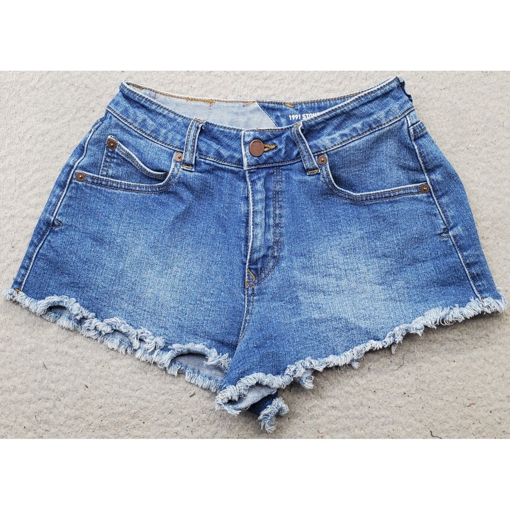 Volcom 1991 Stoned Shorts Womens 24 Blue Denim Frayed Hem Stretch Summer Y2K
